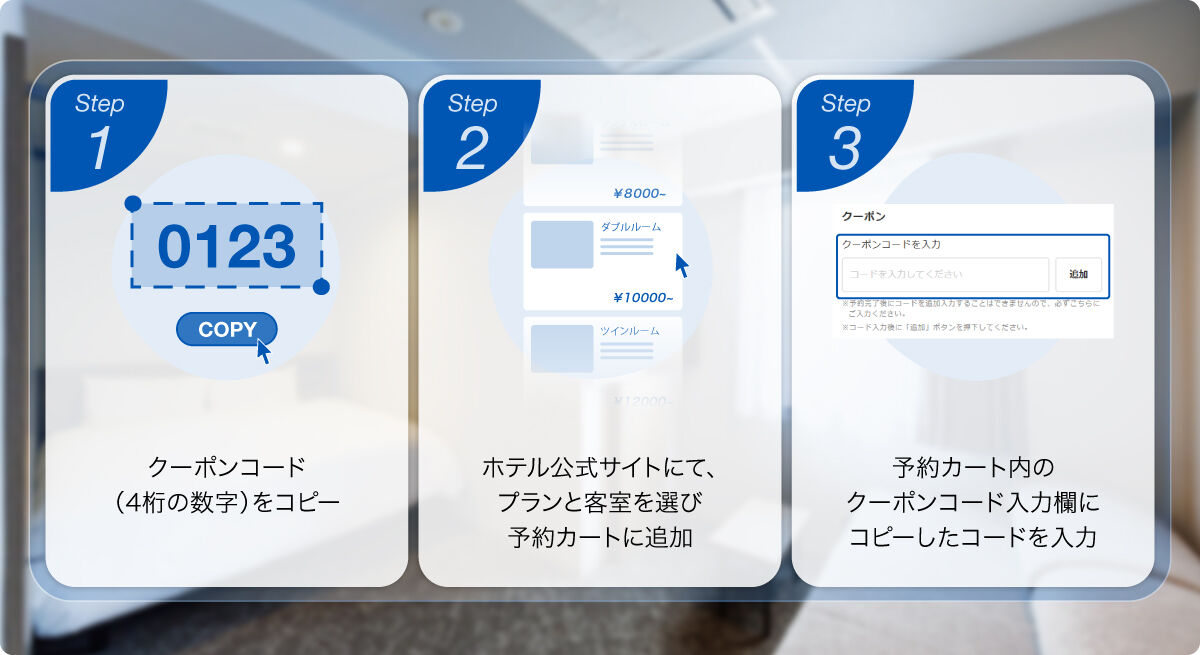 クーポン利用3ステップ：1.コピー 2.カートに追加 3.コード入力